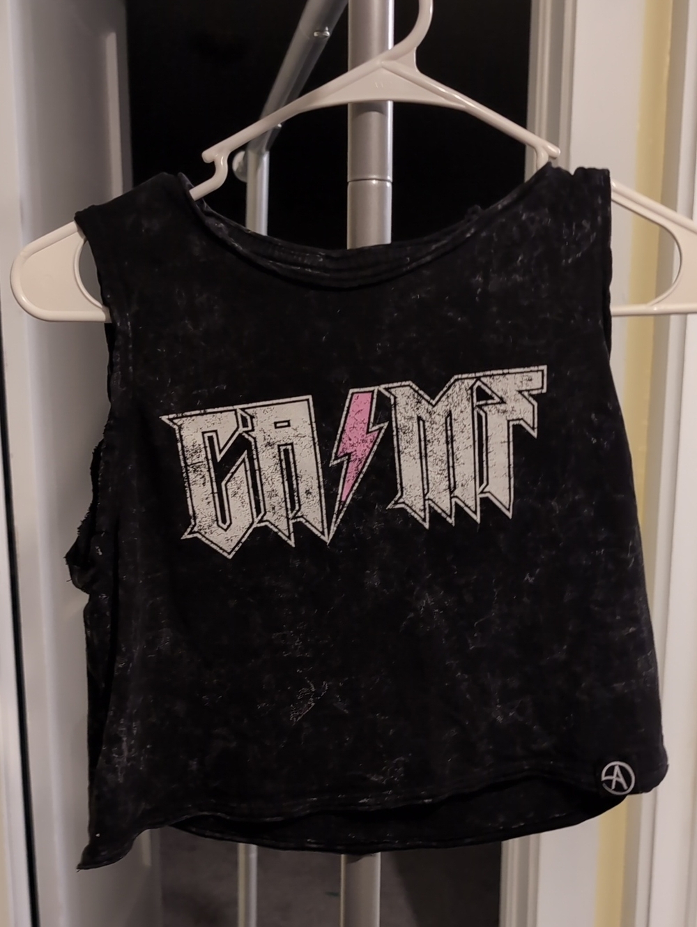 Black Mineral-Wash Crop Tank with Pink Lightning Graphic